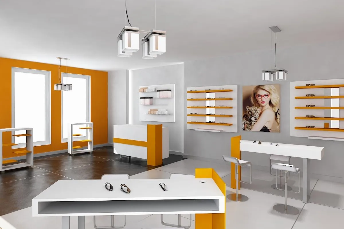 Diseño interior de óptica con mostradores y muros exhibidores