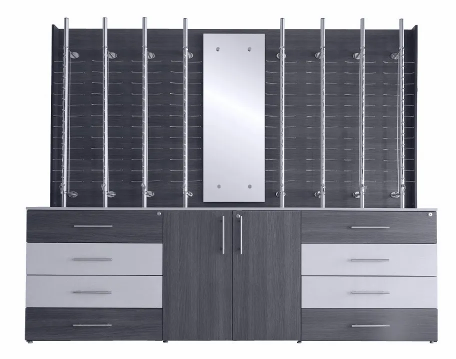 Muro exhibidor para lentes con módulos inferiores en gris