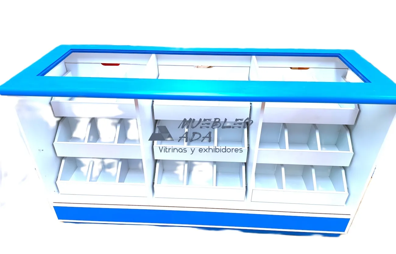 Caja mostrador de vidrio azul con exhibidores