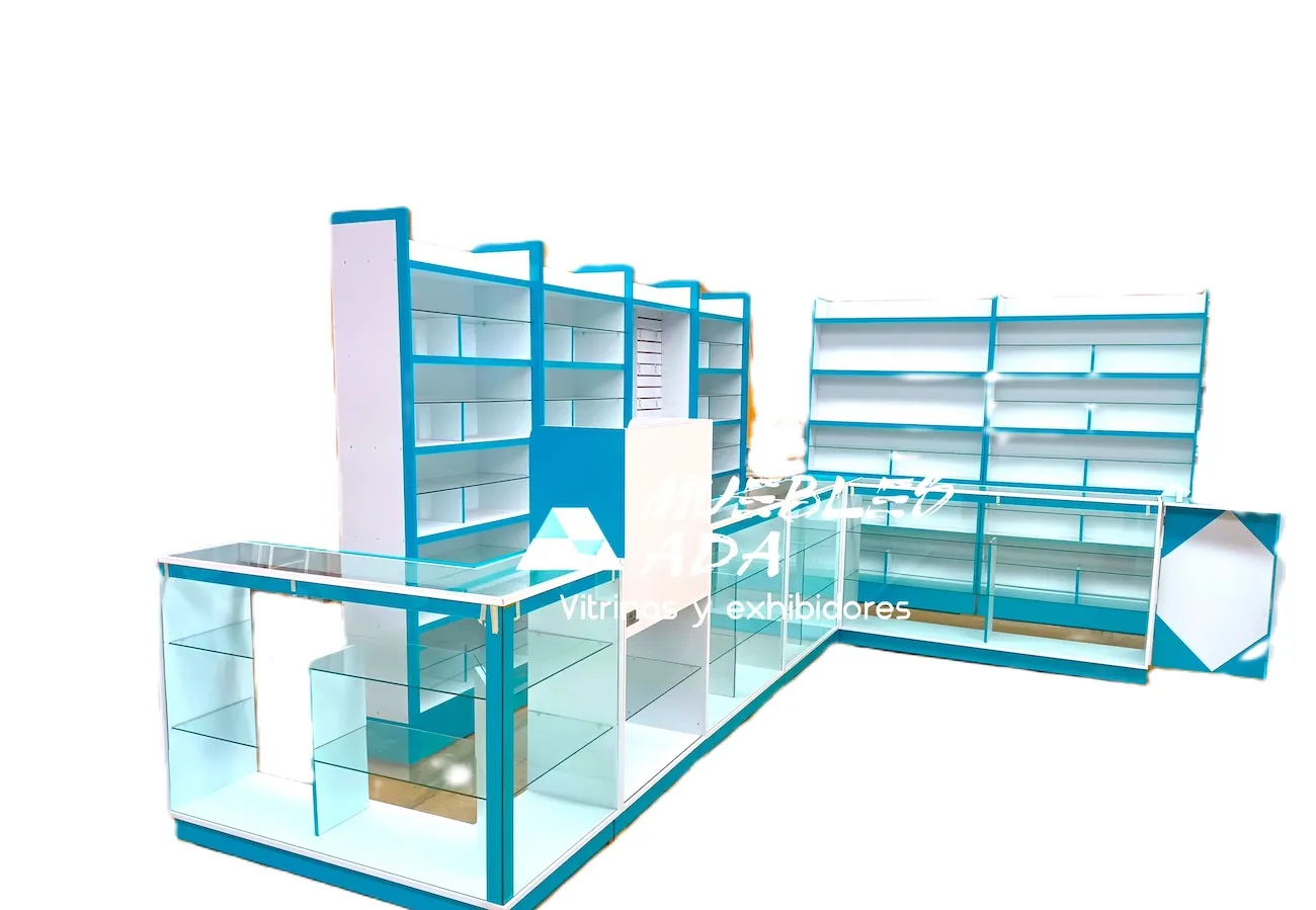 Góndolas y vitrinas tipo isla en azul y blanco