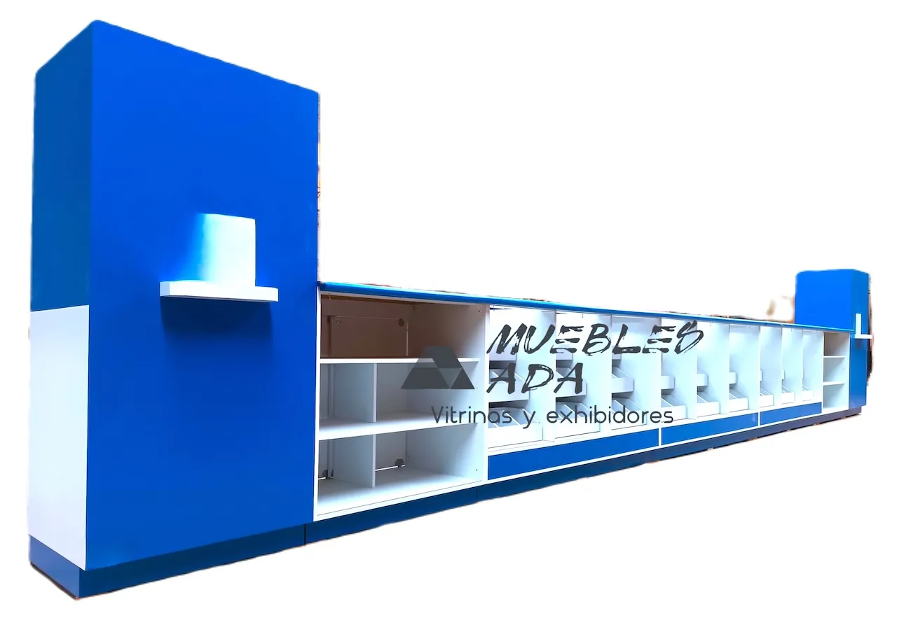 Módulo de recepción para farmacia en azul y blanco