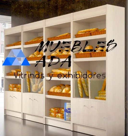Exhibidor de pan gourmet en madera con puertas de vidrio
